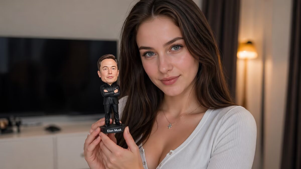 Девушка с длинными коричневыми волосами и голубыми глазами держит фигурку Илона Маска