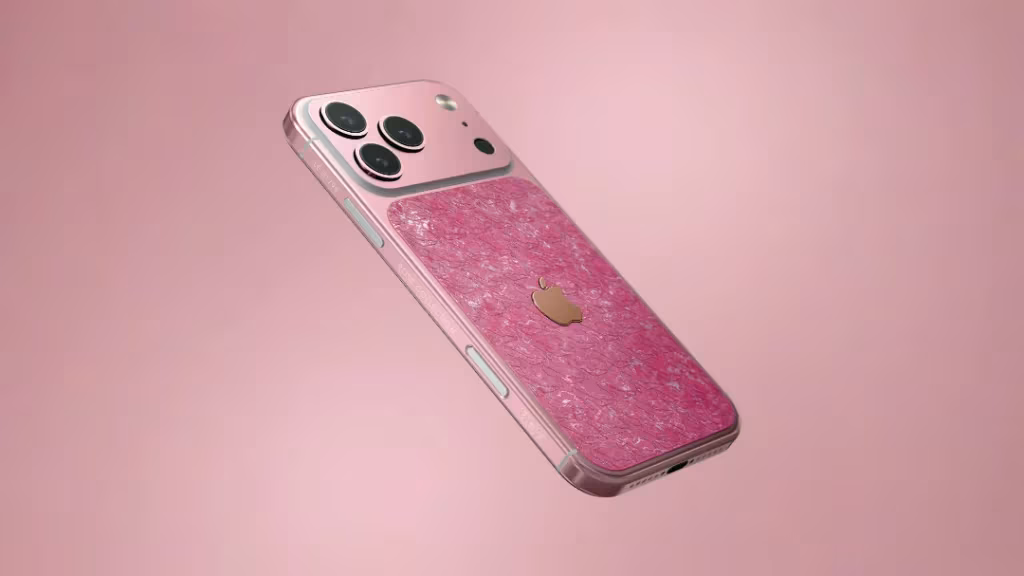 Розовый iPhone 17 Pro Rose Collection с золотым логотипом