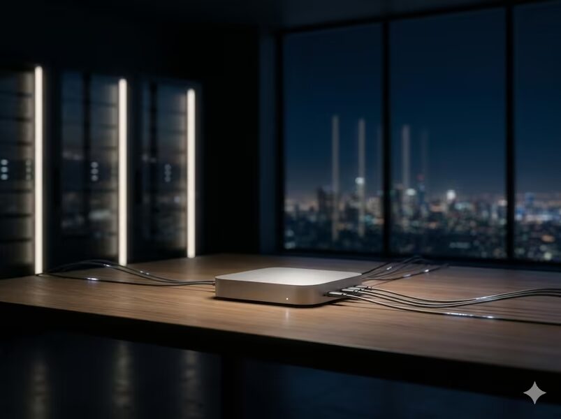 Облачный сервер Apple Silicon в офисе ночью