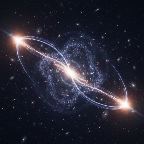 Космическая сцена с двумя яркими светилами и галактиками