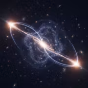 Космическая сцена с двумя яркими светилами и галактиками