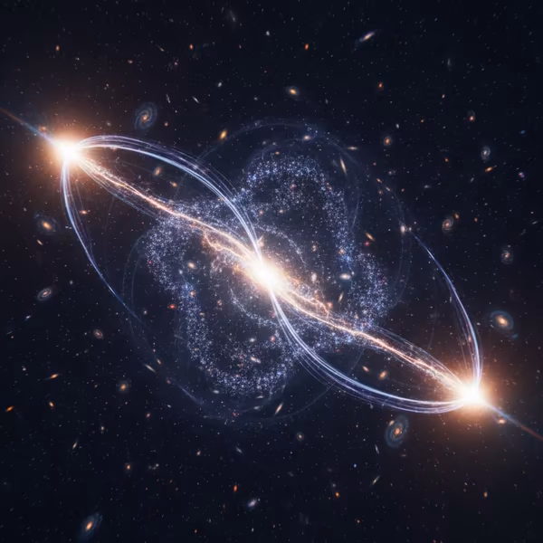 Космическая сцена с двумя яркими светилами и галактиками