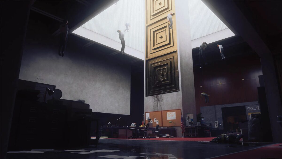 люди висящие в воздухе внутри большого здания Control Resonant