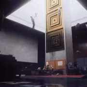 люди висящие в воздухе внутри большого здания Control Resonant