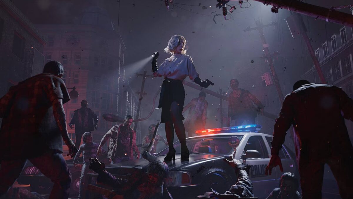 Зомби окружение окружает женщину с пистолетом в руке на улице