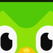 Зеленый значок с львом и овальным глазом Duolingo