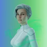 Киборг с серебристыми волосами и футуристическим костюмом МегаФон