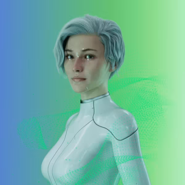 Киборг с серебристыми волосами и футуристическим костюмом МегаФон