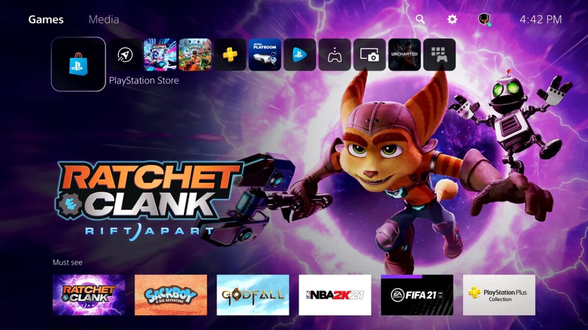 Главное меню PS5 с игрой RatchetClank RiftApart и другими играми