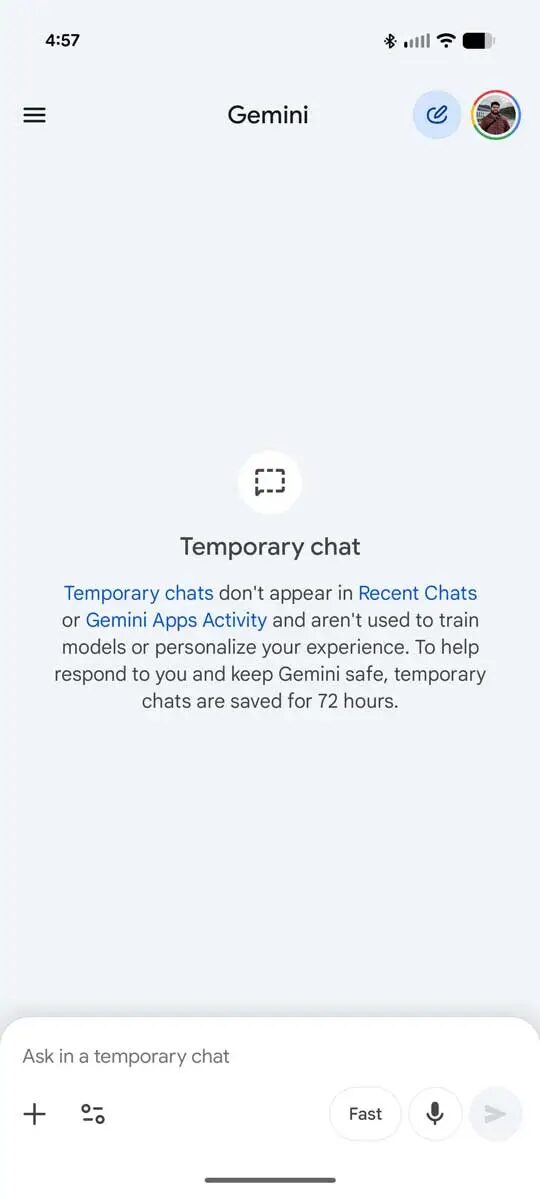 Экран приложения Gemini с временной функцией чатов из статьи