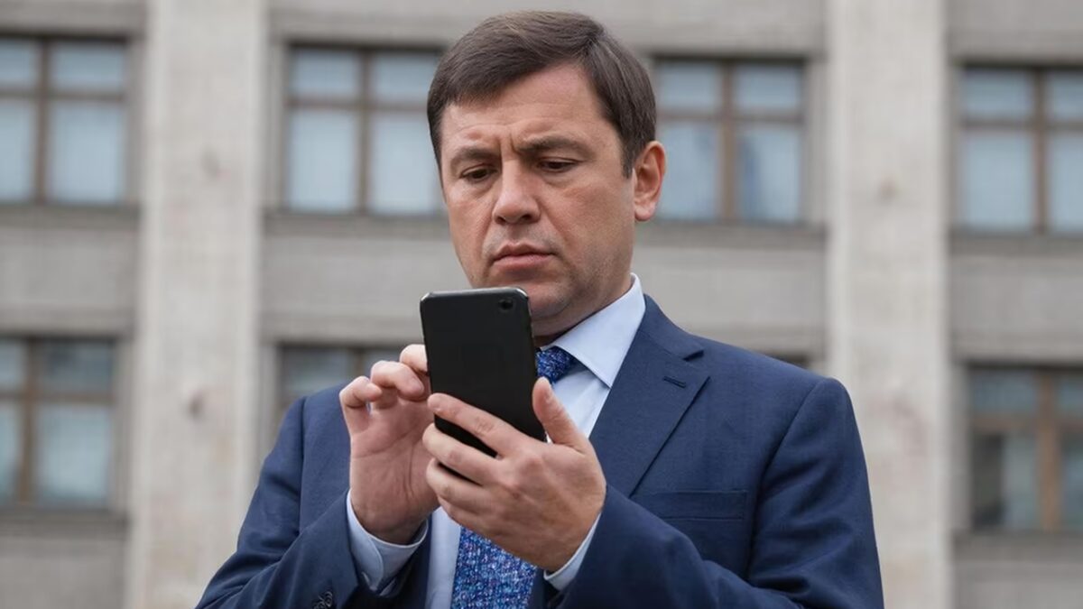 Мужчина в деловом костюме использует смартфон