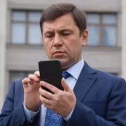 Мужчина в деловом костюме использует смартфон