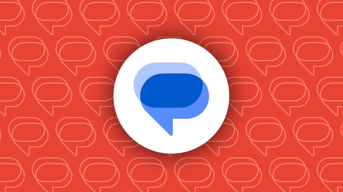 Иконка Google Messages на красном фоне с повторяющимися линиями чатов