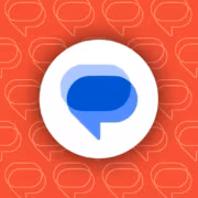 Иконка Google Messages на красном фоне с повторяющимися линиями чатов