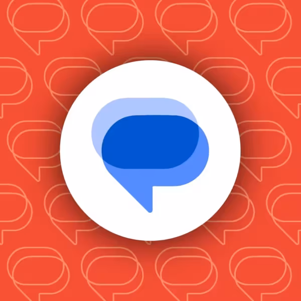 Иконка Google Messages на красном фоне с повторяющимися линиями чатов