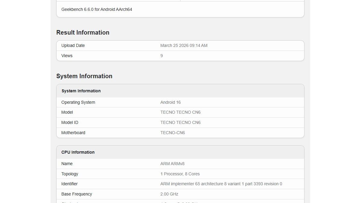 Результаты тестирования TECNO TECNO CN6 в Geekbench