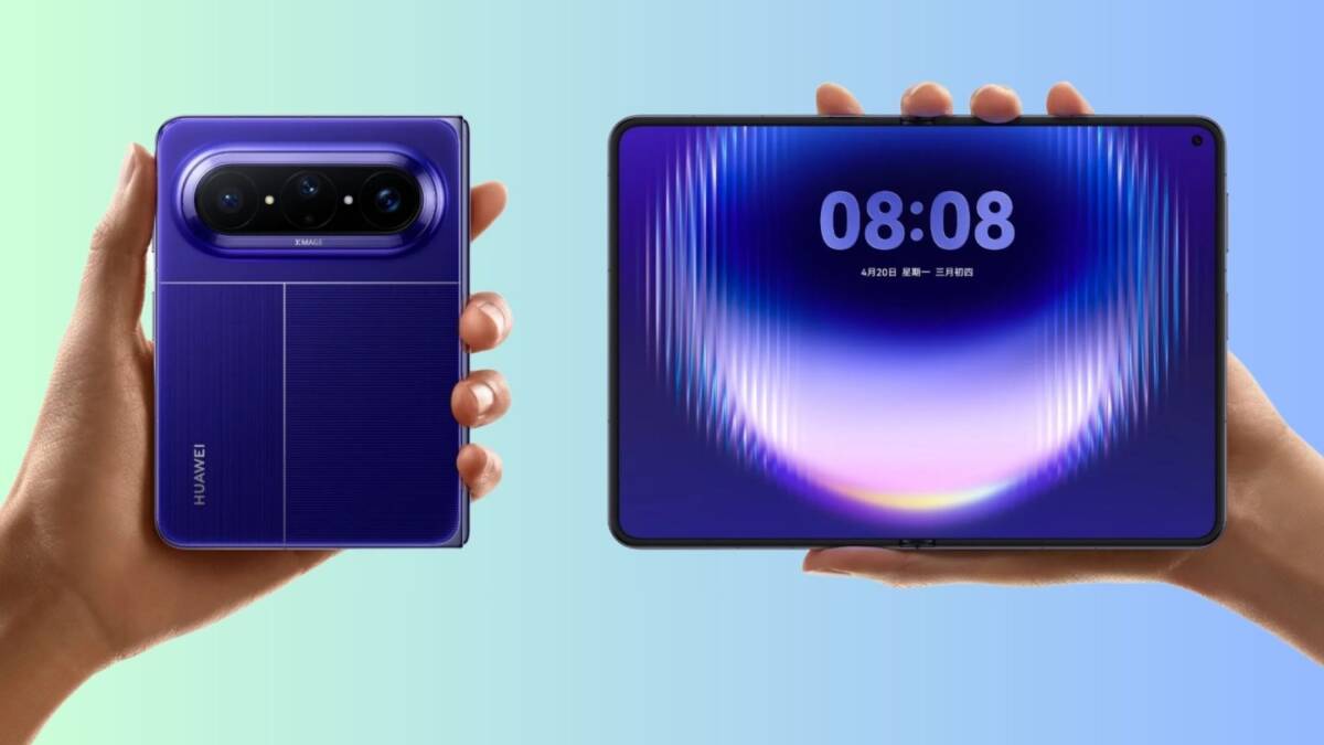 Два смартфона Huawei Pura X Max один в руке другой показывается экраном