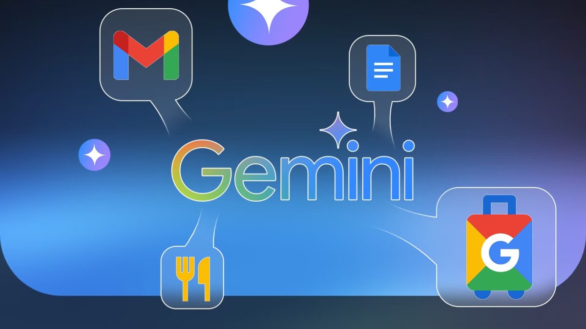 Логотип Google Gemini и иконки приложений на темном фоне