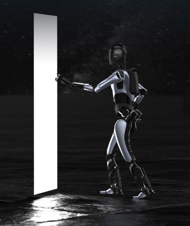 Человекоподобный робот AGIBOT идет к двери