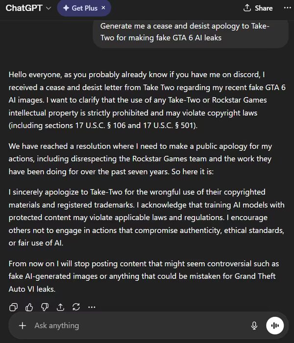 Сообщение в Discord об использовании GTA 6 AI изображений