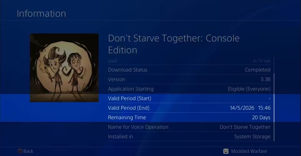 Детали лицензии и срок действия игры 'Don't Starve Together: Console Edition'