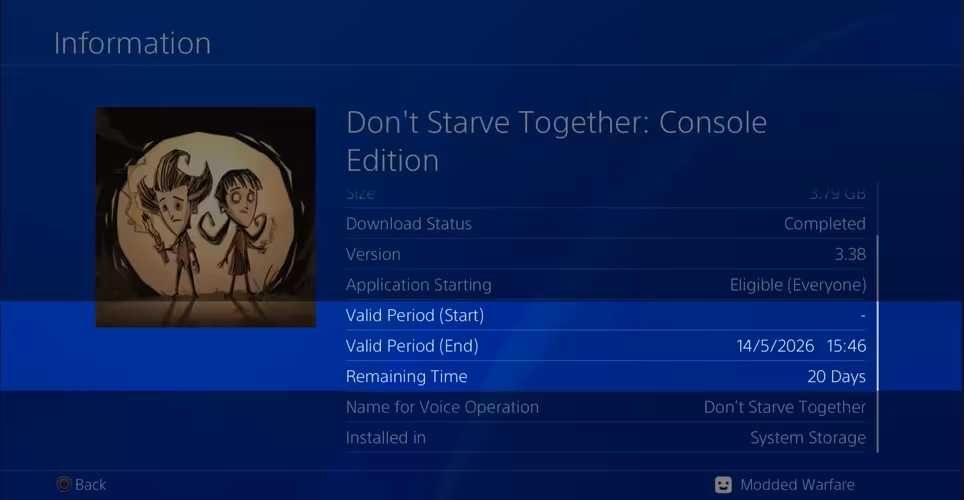 Детали лицензии и срок действия игры 'Don't Starve Together: Console Edition'