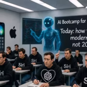 ученики в классной комнате с логотипом Siri и экраном Apple
