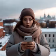 Девушка в шапке и шарфе держит смартфон