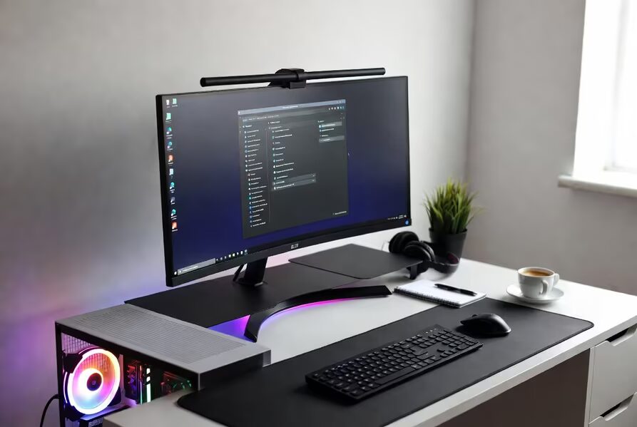 Настольный компьютер с подсветкой и монитором с рабочим столом