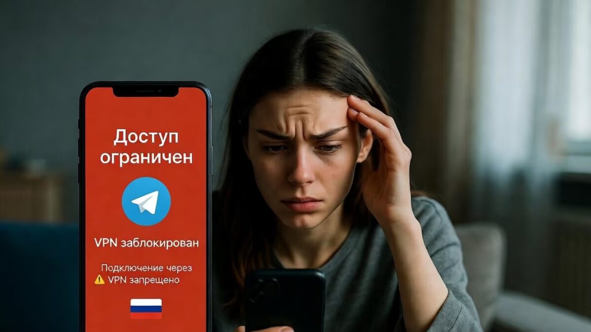 Телефон с сообщением о блокировке VPN и Telegram