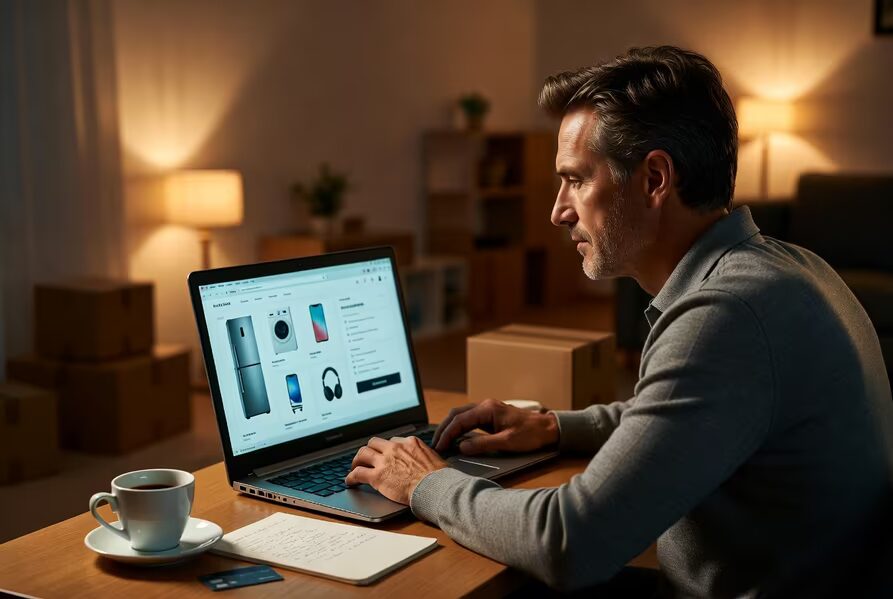 Мужчина за компьютером выбирает электронику из Китая