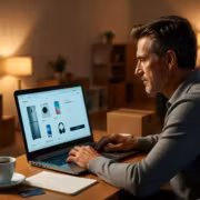 Мужчина за компьютером выбирает электронику из Китая