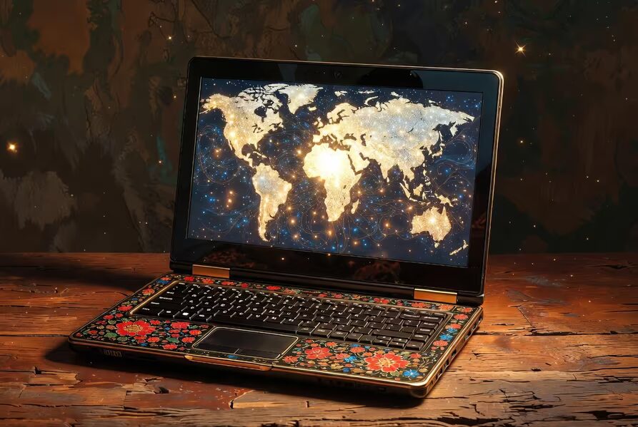 ноутбук с ярким узором и изображением мира в сети Домена .рф