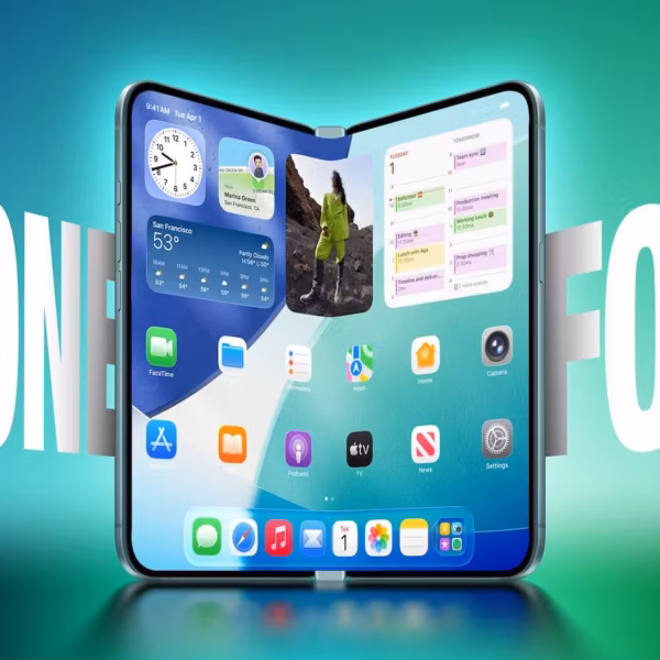 Складной iPhone Fold на фоне текста о задержке выхода