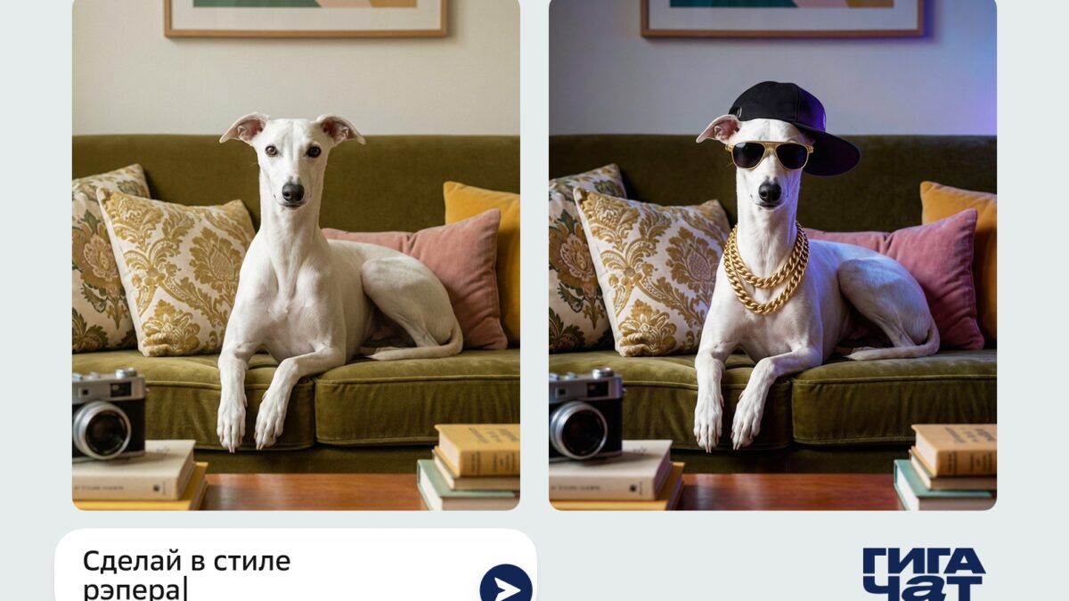 собака в стиле рэпера с кепкой и цепями на диване с подушками