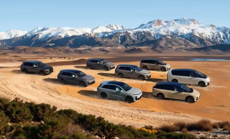 Десять автомобилей Li Auto на пересекаемой песчаной дороге