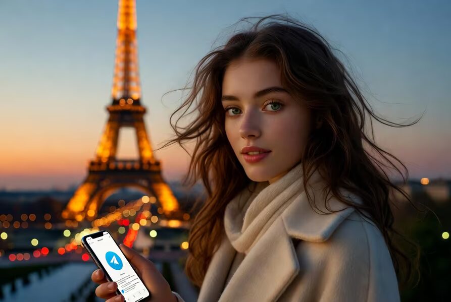 Девушка с телефоном Telegram у Эйфелевой башни
