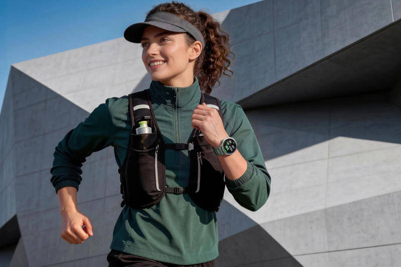 Девушка бегает с умными часами OnePlus Watch 4 на руке