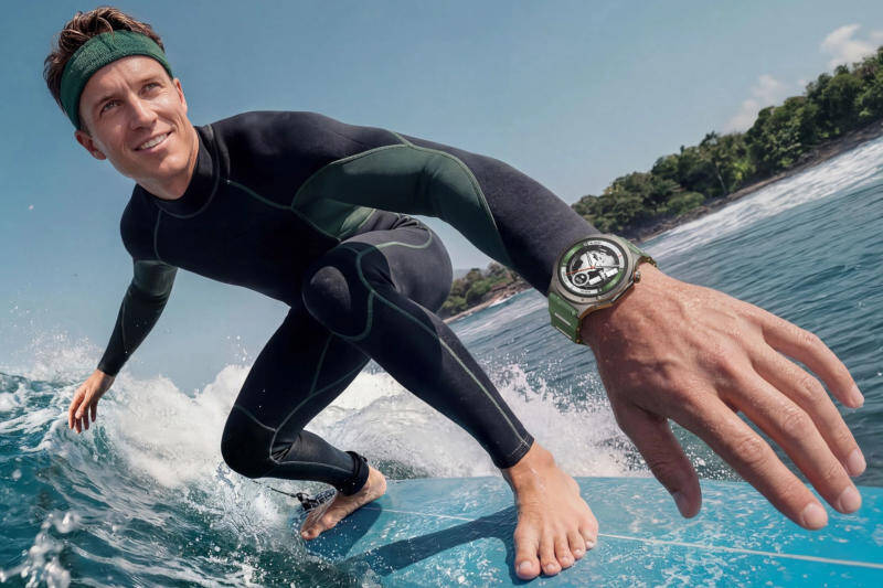 Человек занимается серфингом с OnePlus Watch 4