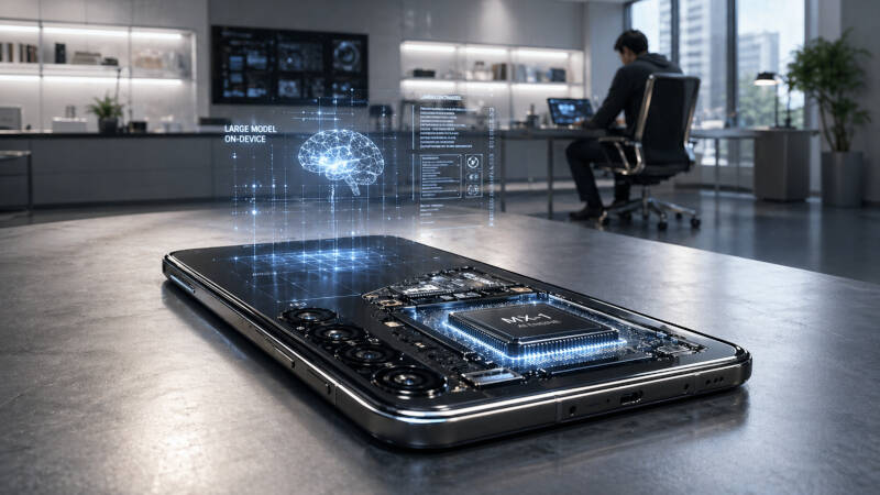 смартфон с внутренним устройством и голографическими иллюстрациями