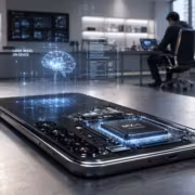 смартфон с внутренним устройством и голографическими иллюстрациями