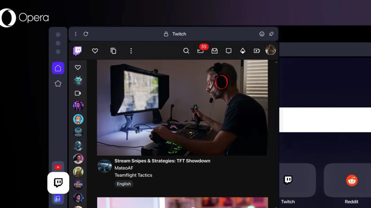 Игрок в наушниках за компьютером в браузере Opera One