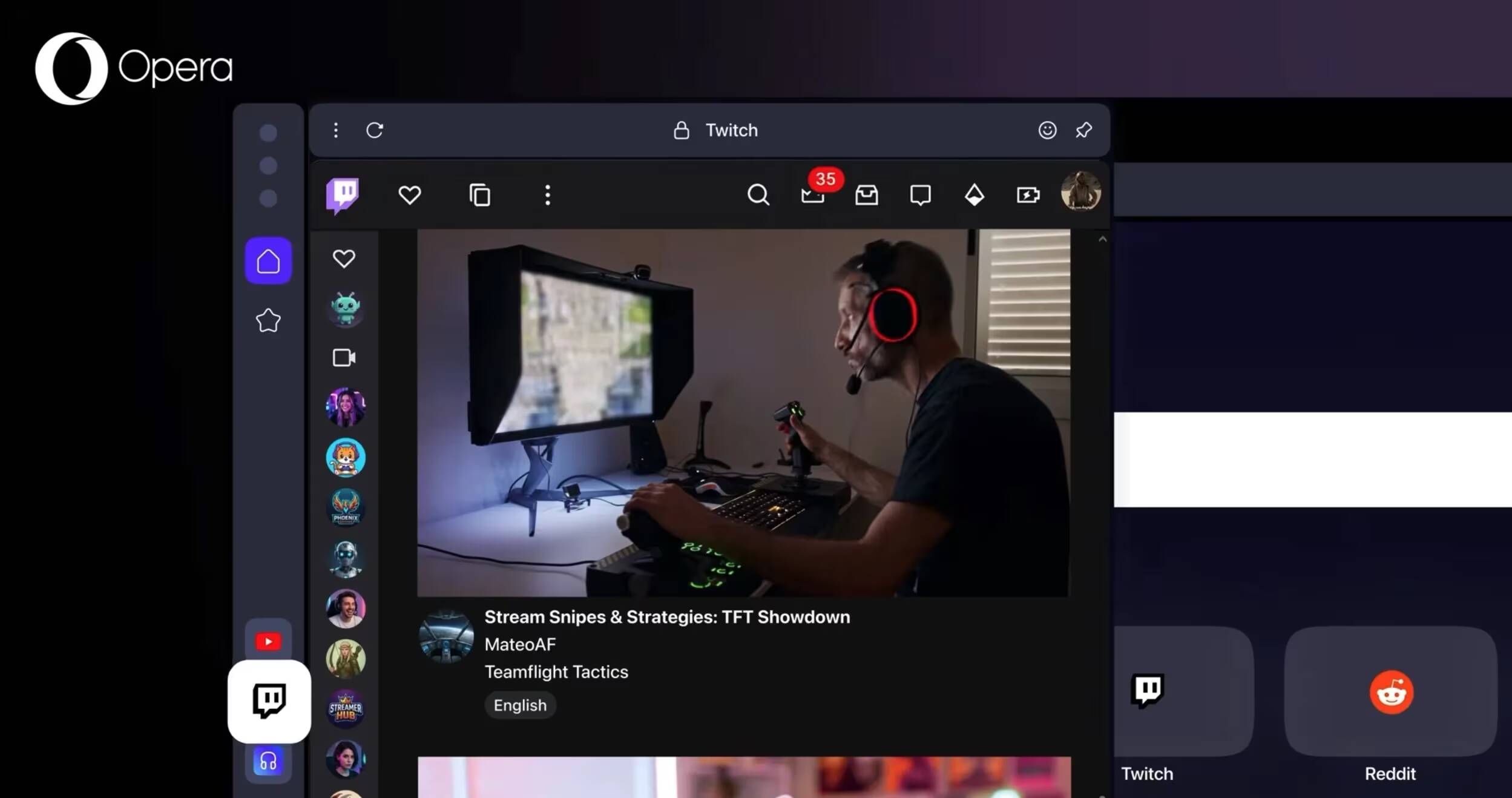 Игрок в наушниках за компьютером в браузере Opera One