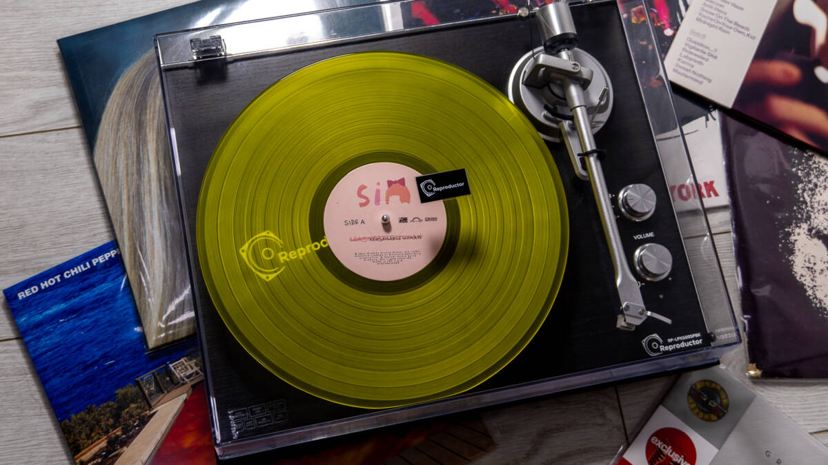 Виниловый проигрыватель Reproductor RP-LPX500SPBK на деревянном полу