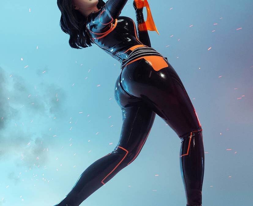 Косплей Миранды Лоусон из Mass Effect 2 от Лады Люмос позирует в латексном костюме с высокими сапогами