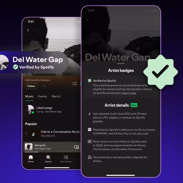 скриншот профиля Spotify с бейджем Verifed by Spotify and артистом badges