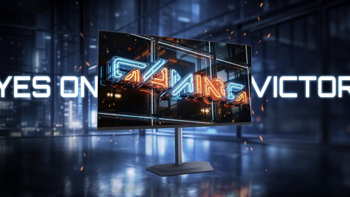 игровой монитор Gigabyte MO32U24 с неоновым логотипом