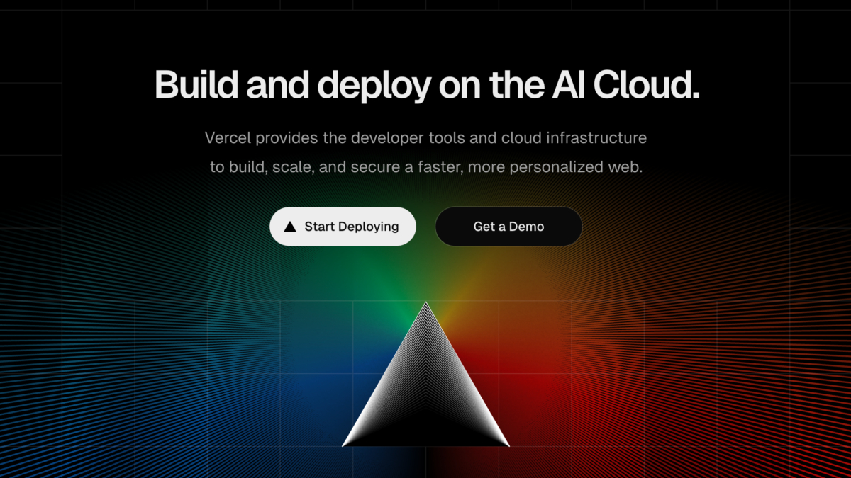 Главный экран сайта Vercel с кнопками Start Deploying и Get a Demo