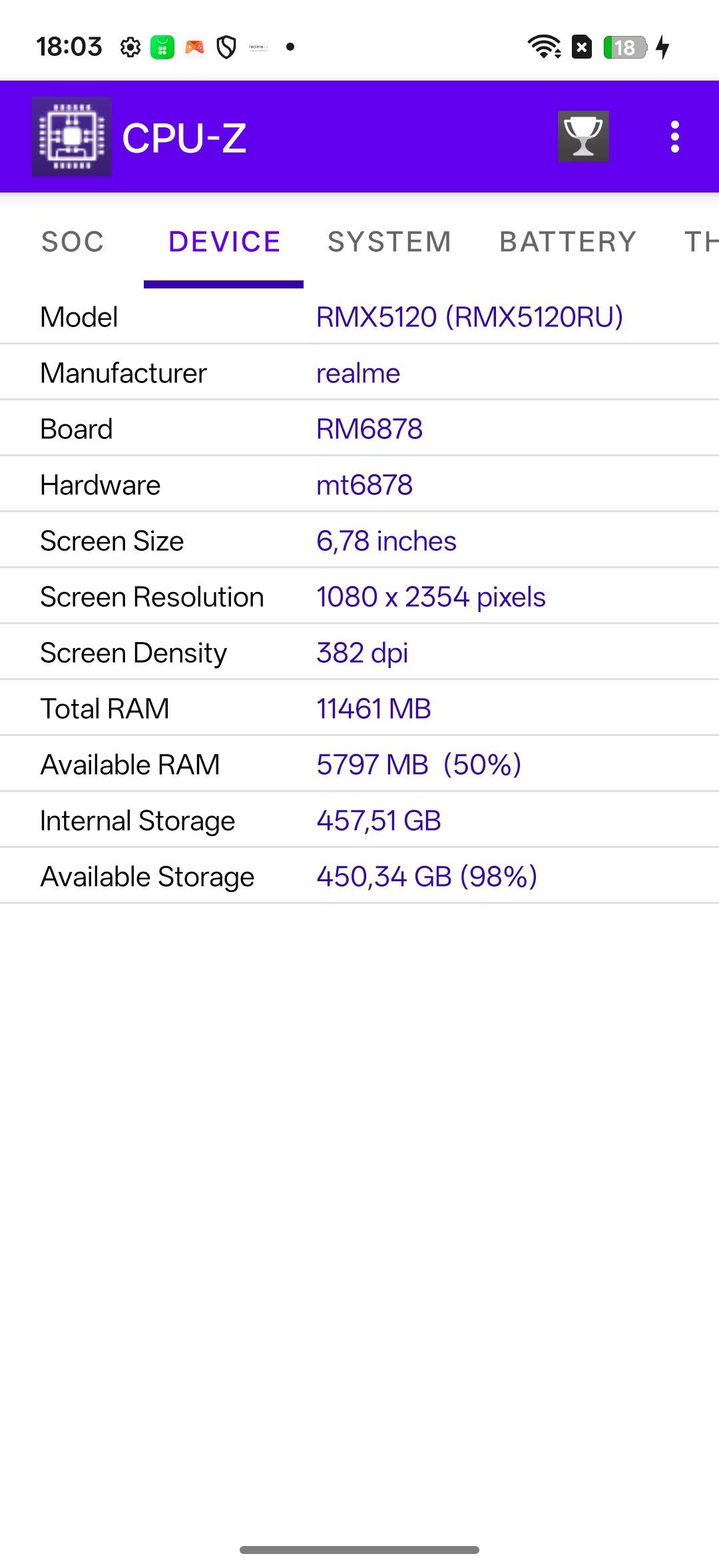 Обзор realme 16 Pro 5G: 7000 мАч, японский дизайн и камера 200 мегапикселей 29 Информация о устройстве realme RMX5120 в приложении CPU-Z