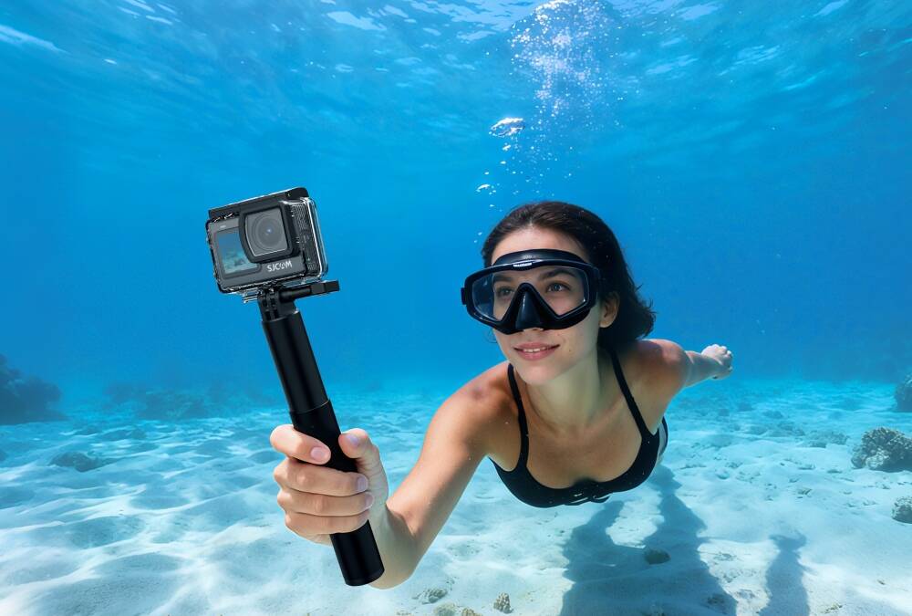 Подводная экшн-камера SJCAM в руках женщины плавающей в море